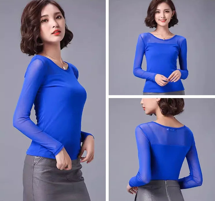 Autumn Winter Black White Bottoming Shirt Round Neck Solid Mesh T Shirt Korean Fashion Women Tops