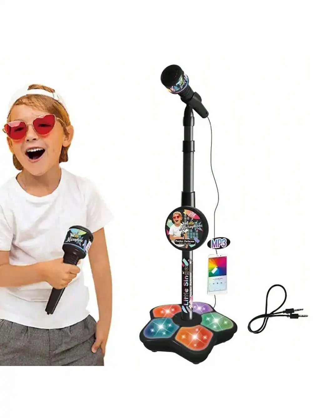 Children Singing Microphone Toy with Music Speaker Stand Light Up Karaoke Instrument for Kids Children Birthday Gift