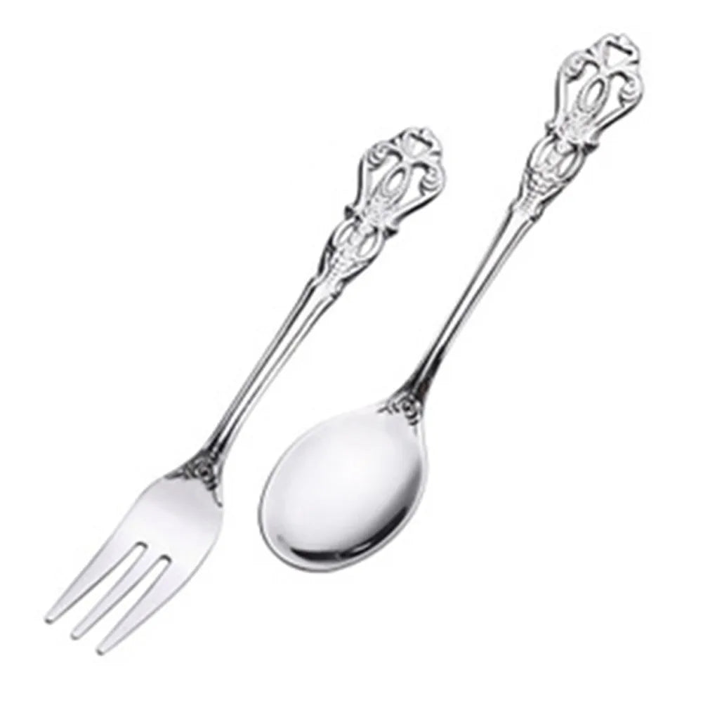 1 Pair Vintage Gold Spoon Fork Cutlery Set Stainless Steel Luxury Dessert Spoon Outdoor Tableware Camping Cooking Supplies