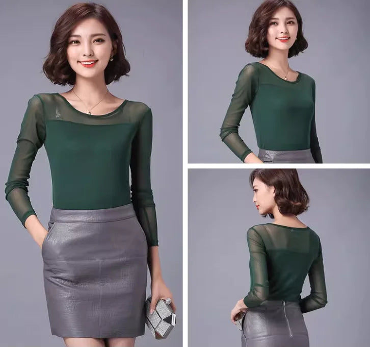 Autumn Winter Black White Bottoming Shirt Round Neck Solid Mesh T Shirt Korean Fashion Women Tops