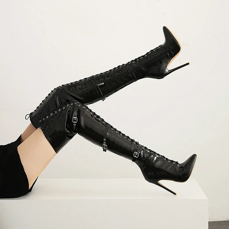 Women Sexy Cross Tied Thigh High Boots Pointed Toe Thin High Heels Over The Knee Boots Patent Leather Shoes Woman 33-46