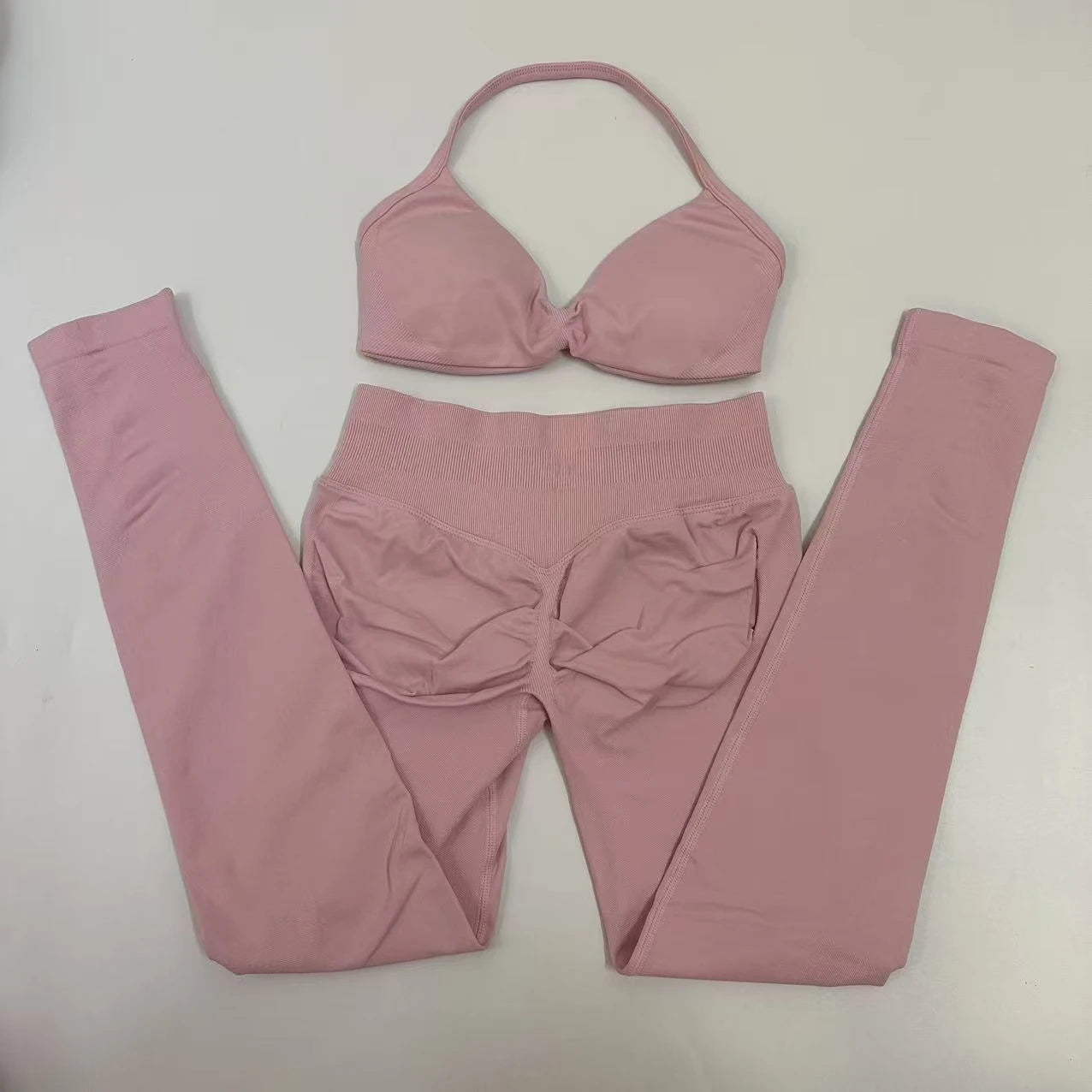 Seamlessyoga Set Women Workout Scrunch Leggings Set Strappy Halter Sports Bra Fitness Gym Clothing Workout Set 2 Pieces