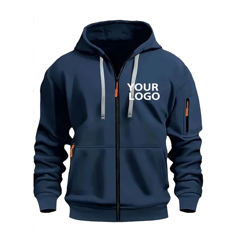 DIY Custom Logo Men's Casual Sports Hoodie Full-Zip Pocket Sweatshirt Fashion Arm Pocket Outdoor Long-Sleeve Pullover Hoodie