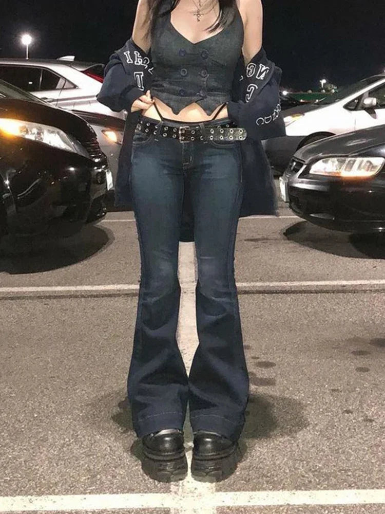 Kalevest Y2K High Street Low Rise Jeans Blue Women Pants Bootcut  Pockets Jeans Streetwear Low Waist Jeans Wide Leg Pants