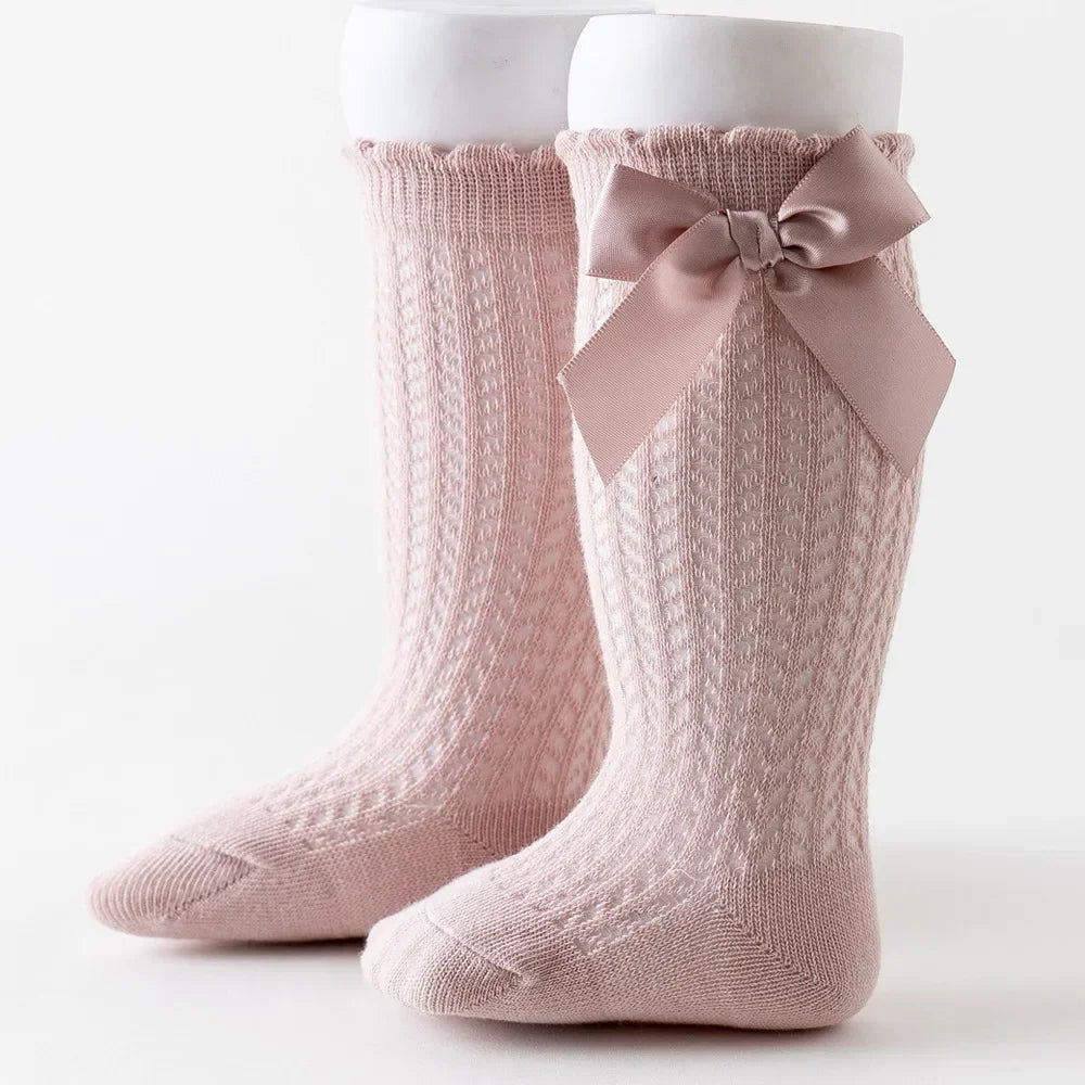 Simmer Spring Mesh Thin Cotton Korean Bow White Stockings Baby Princess Knee High Long Socks with Lace Ruffles for Newborn Girls