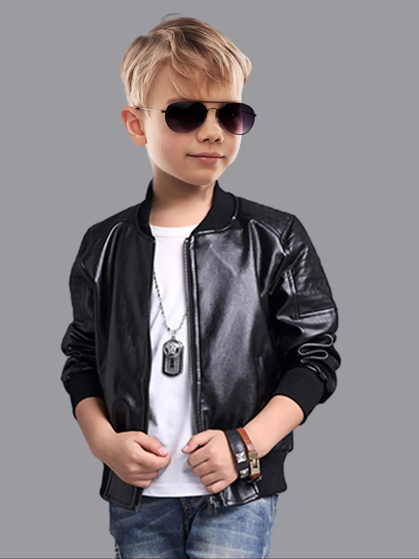 Children's Clothing for Boys, Pu Leather Jacket for Older Kids, Spring and Autumn Motorcycle Style Jacket, Black Baseball Jacket, Pu Leather Jacket in Chocolate Color, Autumn and Winter Jacket