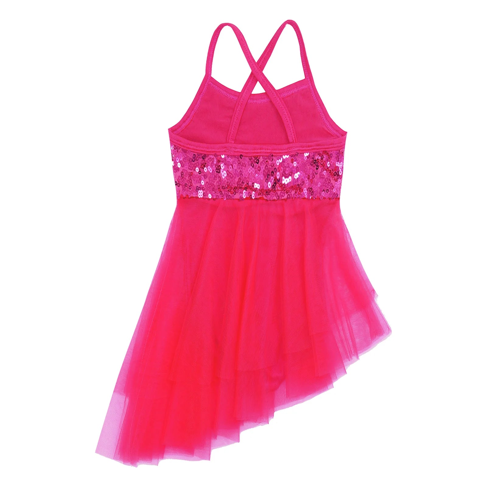 Girls Ballet Dress Lyrical Dance Gymnastics Skating Stage Performance Costume Shiny Sequin Mesh Tulle Leotard Tutu Dancewear