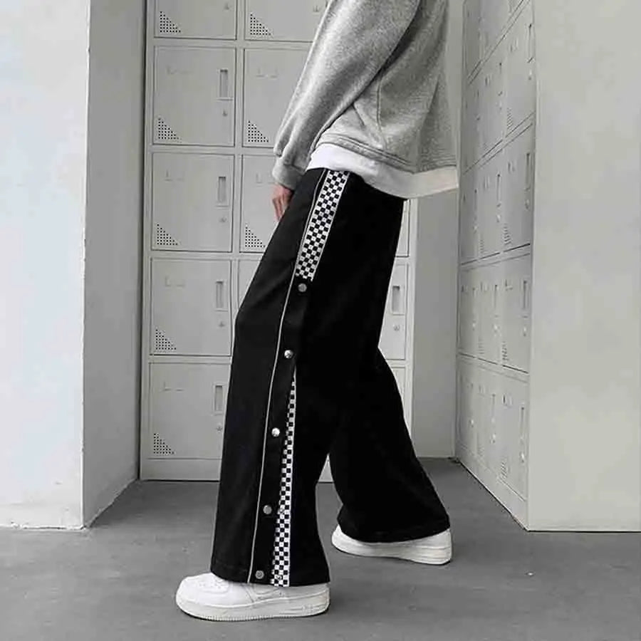 Split Reflective Stripe Casual Pants Unisex Trendy Patchwork Button Pants Spring Summer Straight Loose Sports Pants