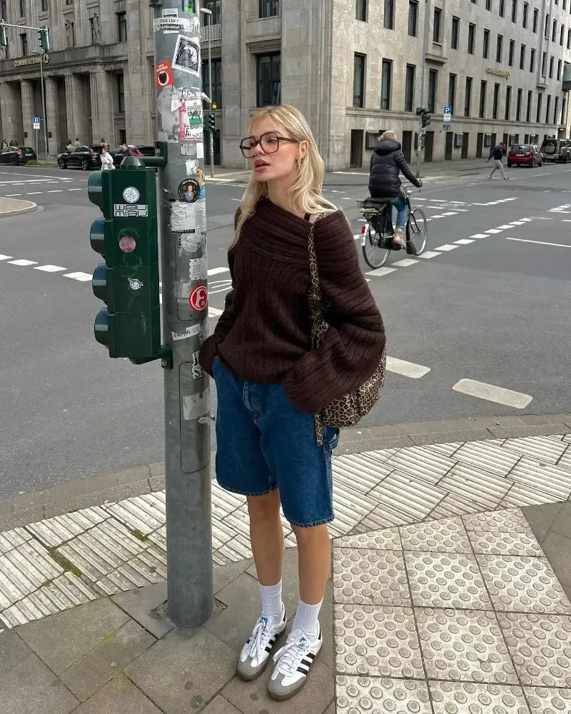 Tuularose Women's Off-Shoulder Sweater Fashion Loose Casual Brown Retro Pullover Spring High Street Office Lady Tops Knitwear