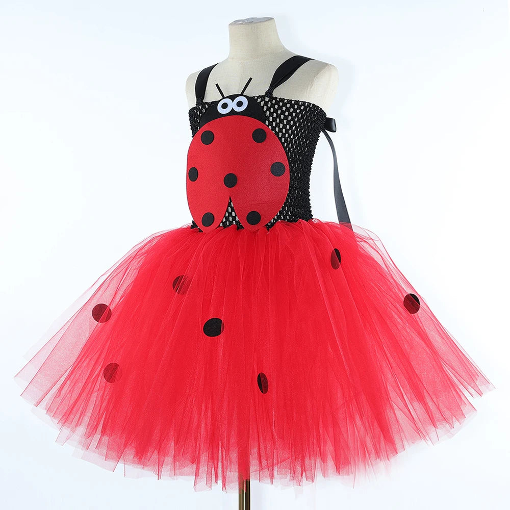 Black Red Lady Beetle Costumes for Baby Girls Ladybird Tutu Dress with Wings Kids Halloween Outfit Children Birthday Clothes