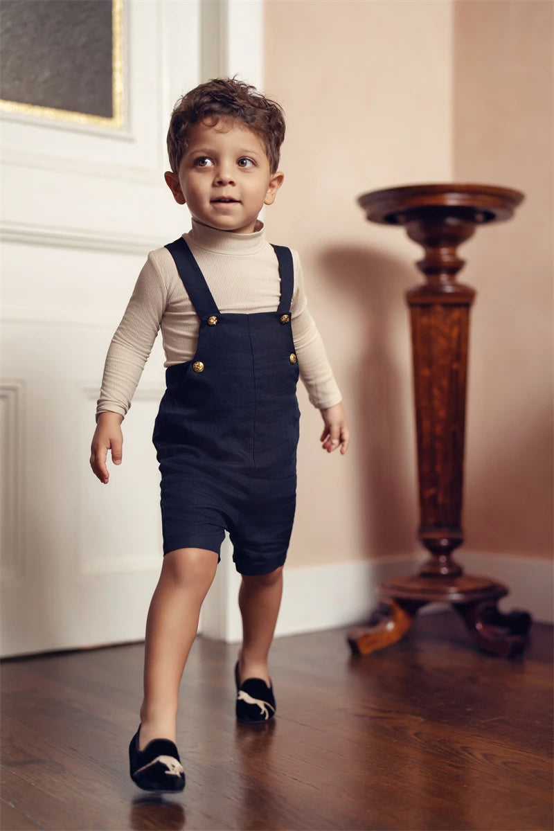 AS Great Quality Designer Shabbos Brother Sister Navy Cotton Linen Clothes with Embroidery Holiday Outfits