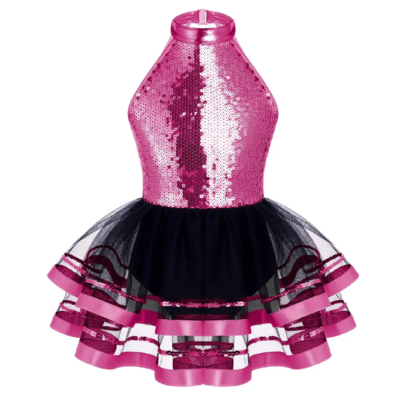 Jazz Dance Costume Kids Halter Shiny Sequins Gymnastics Unitards Dress Girls Ballet Leotard Tutu Stage Performance Clothing