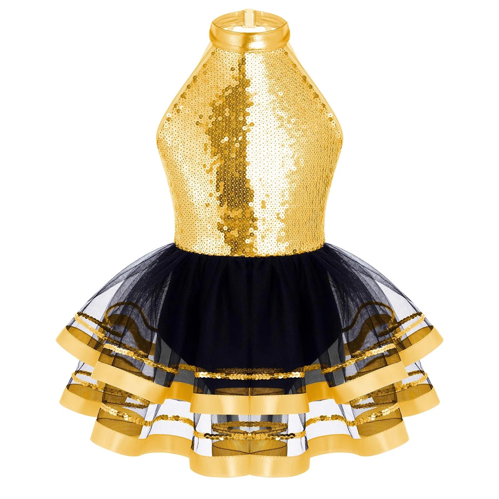 Jazz Dance Costume Kids Halter Shiny Sequins Gymnastics Unitards Dress Girls Ballet Leotard Tutu Stage Performance Clothing