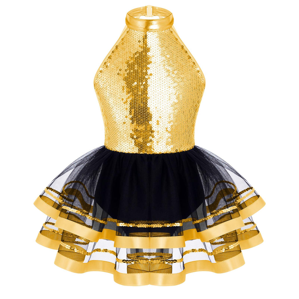 Jazz Dance Costume Kids Halter Shiny Sequins Gymnastics Unitards Dress Girls Ballet Leotard Tutu Stage Performance Clothing