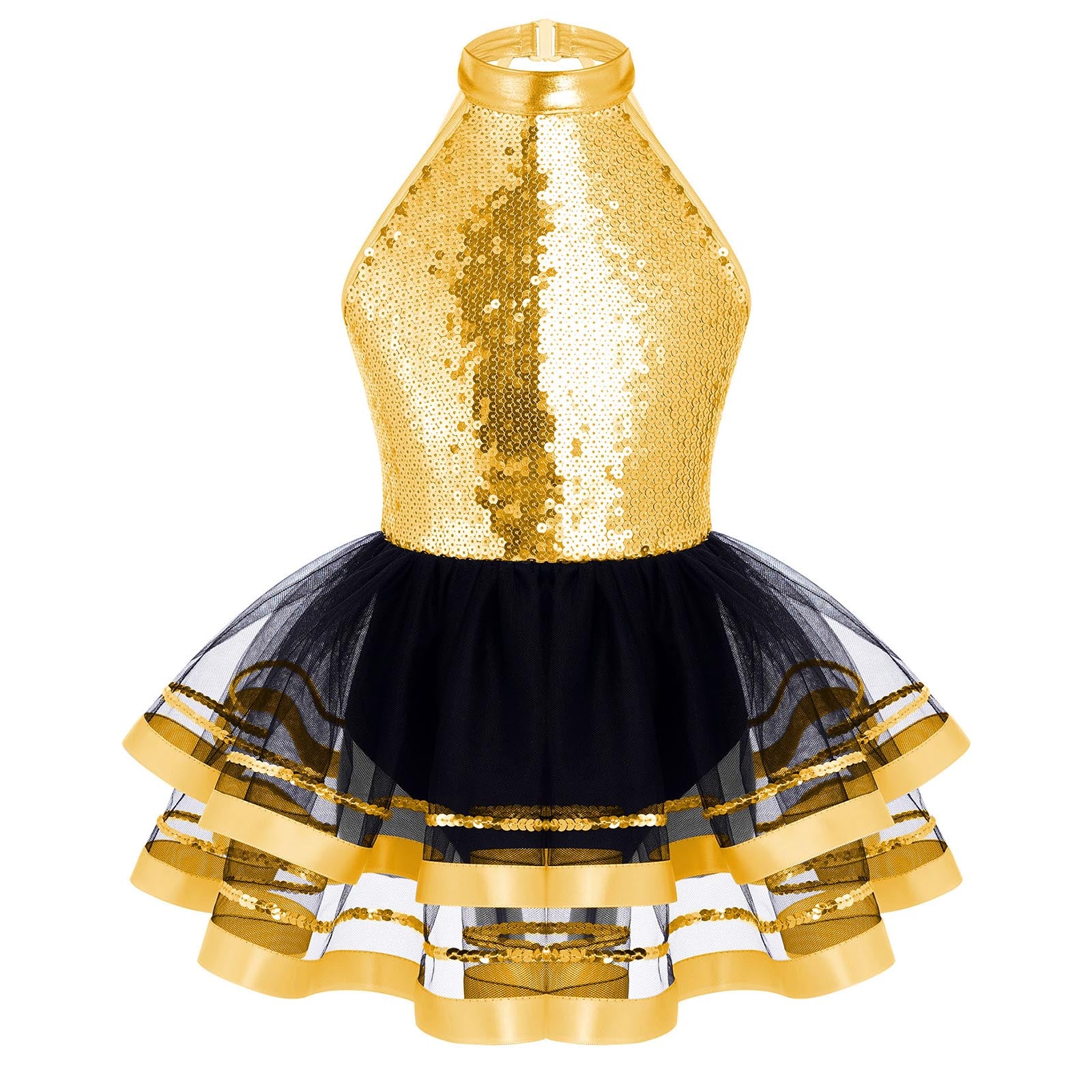 Jazz Dance Costume Kids Halter Shiny Sequins Gymnastics Unitards Dress Girls Ballet Leotard Tutu Stage Performance Clothing