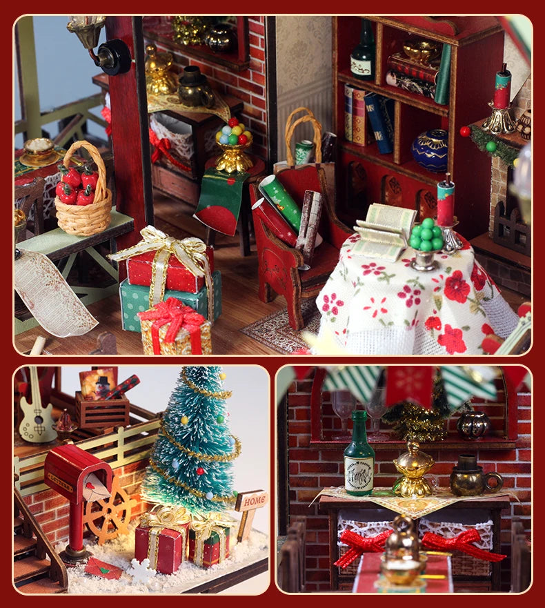 Christmas Night Warm House - Miniature Dollhouse DIY Kit with Music Box, Desktop Decor, Creative Gift (English Color Box)
