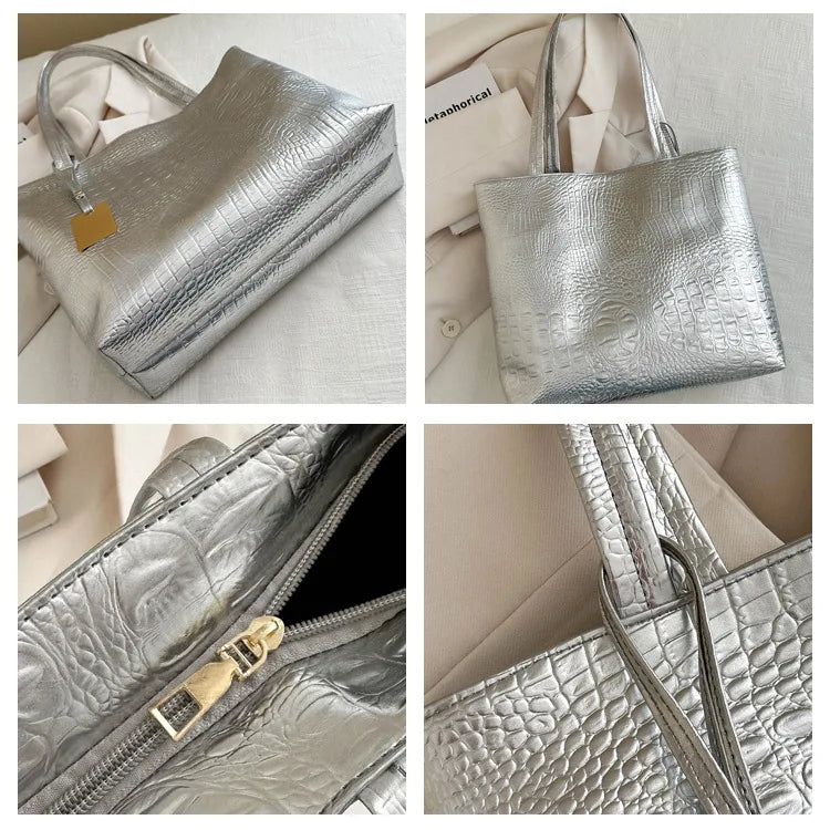 Fashion Casual Women Shoulder Bags Silver Gold Black Crocodile Handbag PU Leather Female Big Tote Bag Ladies Shopping Bag