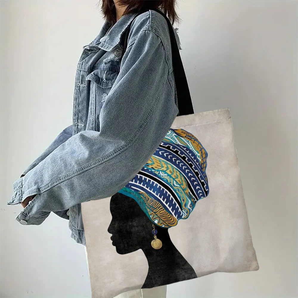 African Woman Tote Bag Reusable Shoulder Shopping Beach Bag For Women, Durable Casual Carryall