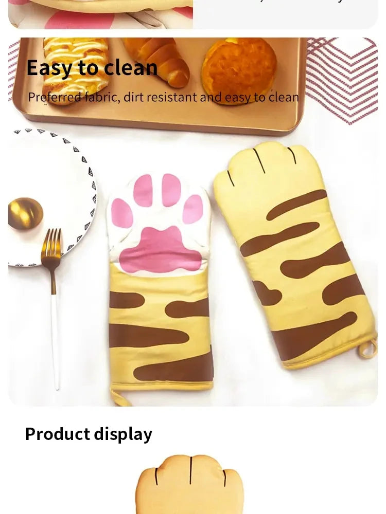 Microwave Long Cotton Gloves Cute Cat Paws Oven Insulation Gloves Heat Resistant Non-Slip Single Glove Kitchen Baking Supplies