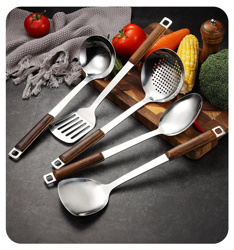 Kitchen Wooden Handle Wok Spatula Cooking Utensils Stainless Steel Frying Shovel Colander Soup Rice Spoon Kitchenware Tools