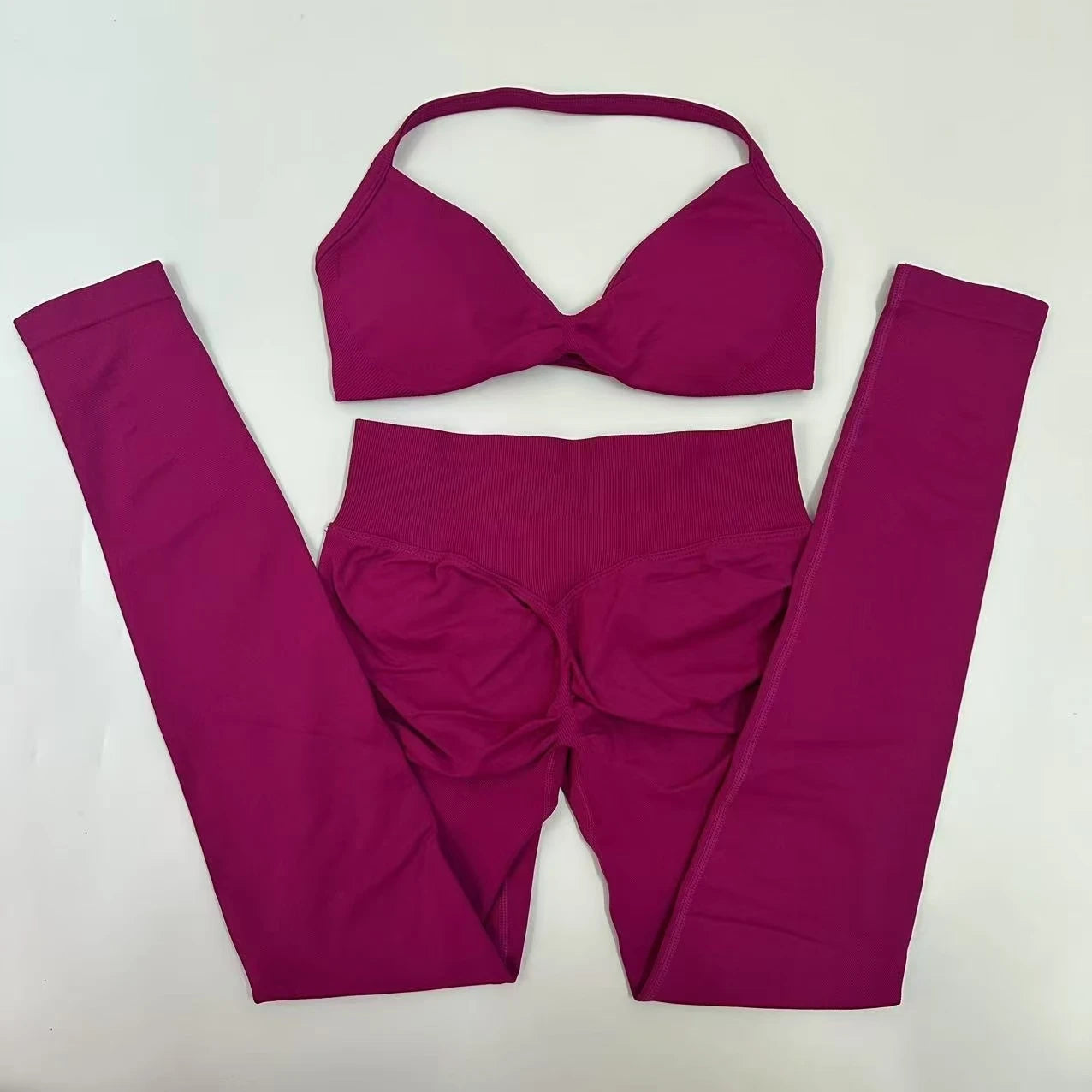 Seamlessyoga Set Women Workout Scrunch Leggings Set Strappy Halter Sports Bra Fitness Gym Clothing Workout Set 2 Pieces