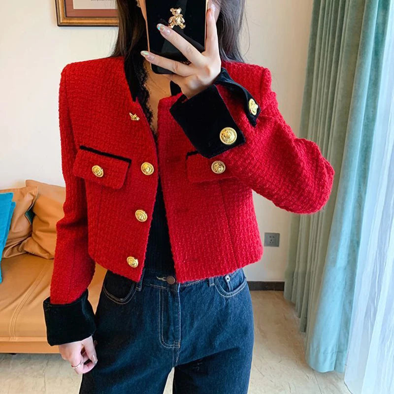 Fashion Stitching Tweed Short Jacket Women Autumn Winter Elegant Office Lady Coat Y2K Korean O Neck Single Breasted Crop Outwear