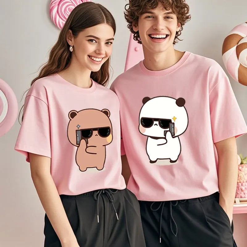 Kawaii Bubu Dudu Couple Shirt Bear Panda Are Spy Love Things Couple Do Tshirt Cute Matching Cotton T-shirt Man Woman Casual Tees