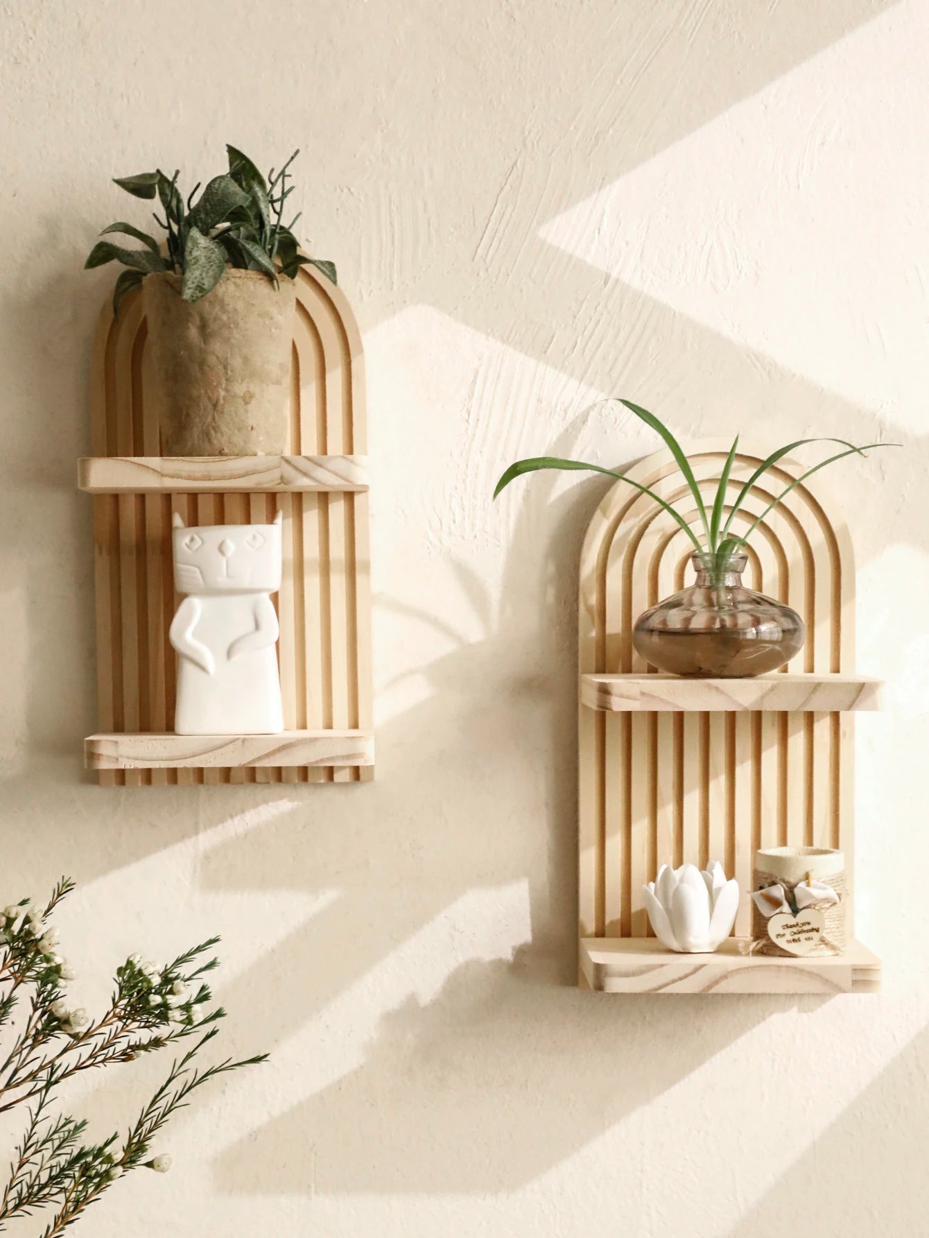 1Pc Boho Style Wooden Wall Shelves - Geometric Wall Mounted Shelves, Natural Wood Finish, Modern Home Decor, Plant Decorative