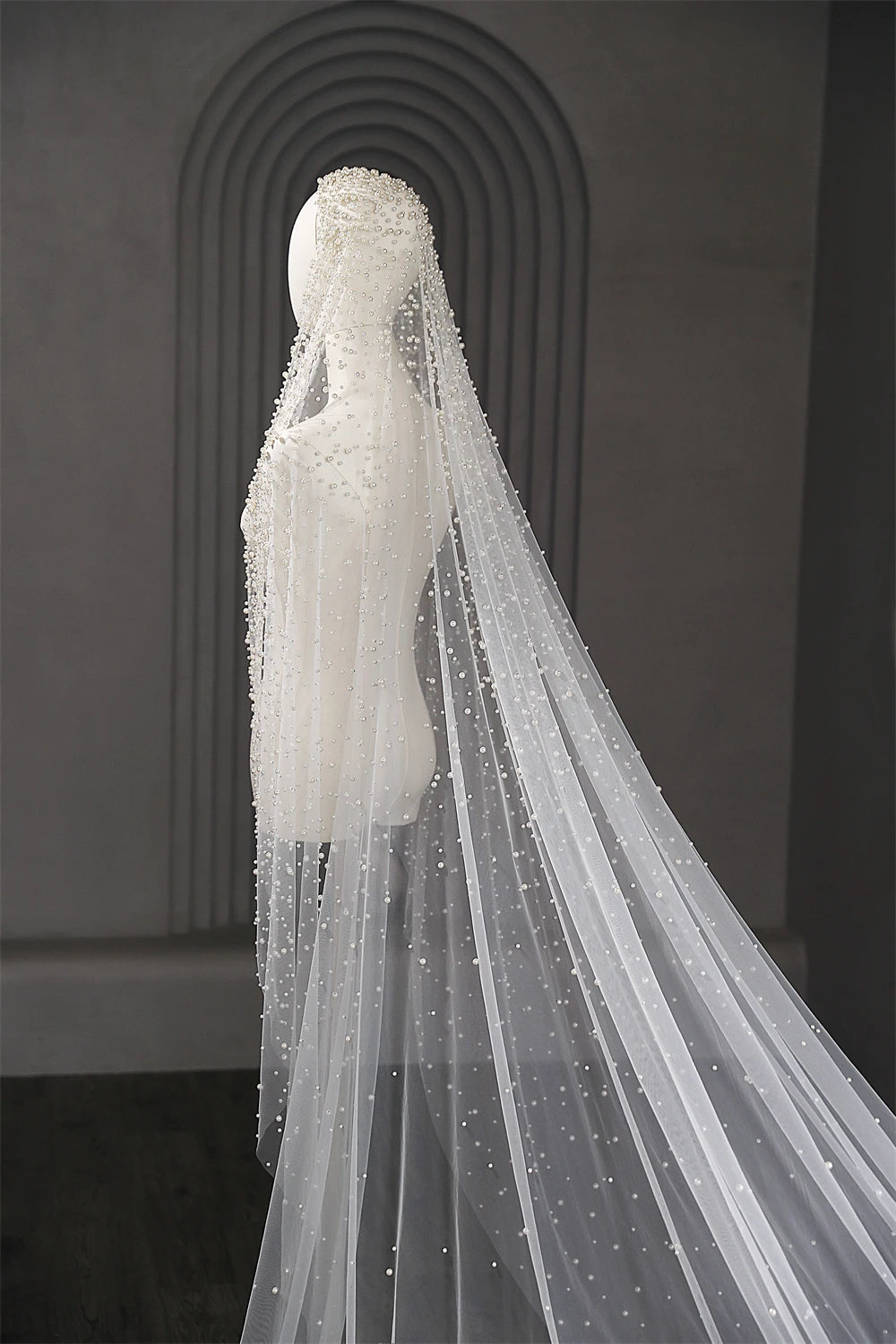 1Tier Wedding Veil With Pearls Long Luxury Bridal Veil with Comb Scattered Dense Pearls Cascading Mantilla Cathedral Custom Veil