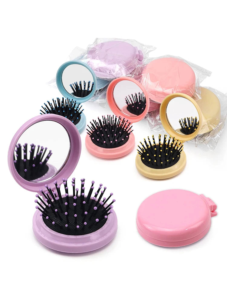 Portable Circular Pocket Comb with Mirror, Hair Styling, Folding Mirror Comb, Plastic Air Cushion Massage Comb, Flip Type Foldin