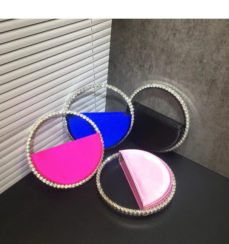 Lady Blue/Pink Diamond Circular Evening Bag Women Fushia Round Handle Rhinestone Dinner Clutch Purse Ladies Half Moon Handbags