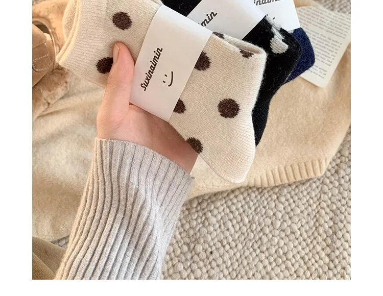 Socks for Women Autumn Winter Thick Warm with Polka Dot Black Maillard Velvet Coffee Mid-tube Socks