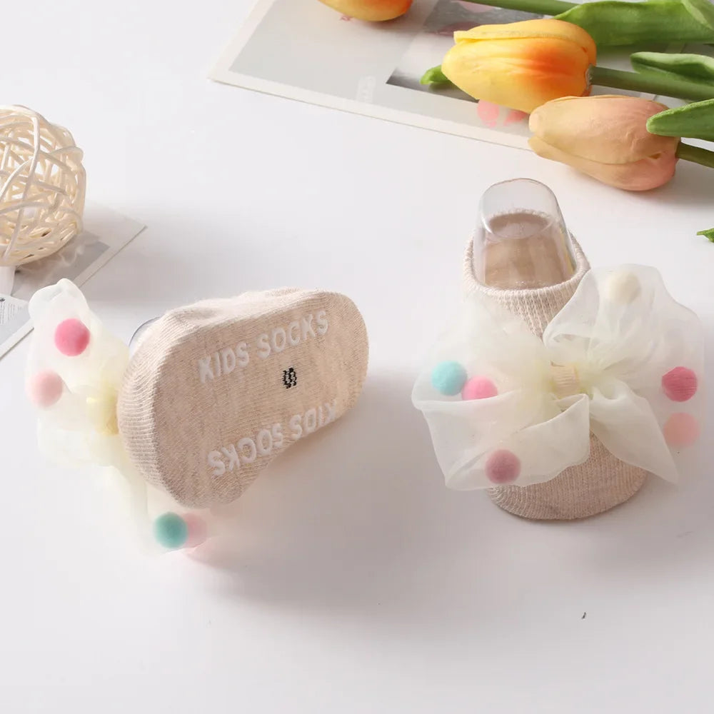 Baby Girl Home Short Socks Lace Bow Infant Anti Slip Trampoline Socks Newborn Princess Ankle Socks Children Floor Shoes
