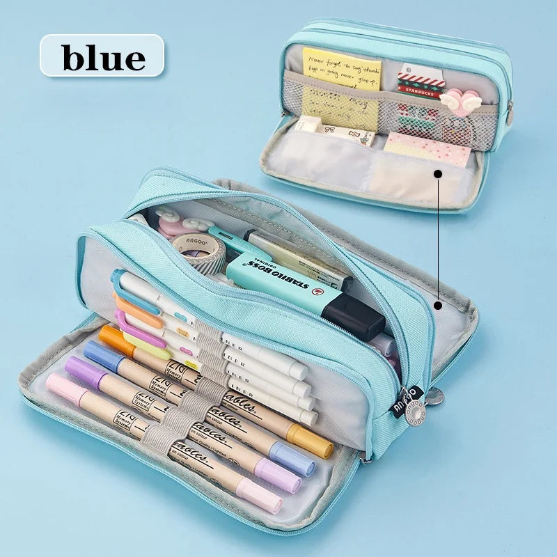 Kawaii Large Capacity Pencil Case 3 Compartment Pouch Pen Bag Double Side Opening Students Stationery Organizer School Supplies