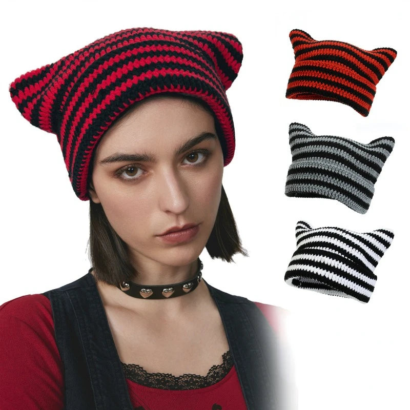 New Japanese Streetwear Harajuku Beanie Little Devil Striped Knitted Hat Women Girls Autumn Winter Cute Cat Ears Cap