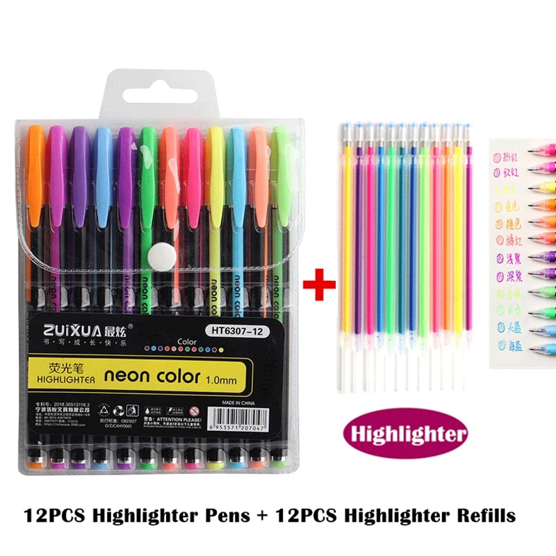 12/24Pcs Metallic Glitter Colors Gel Pens & Pen Refills For School Office Adult Coloring Book Journals Drawing Art Markers
