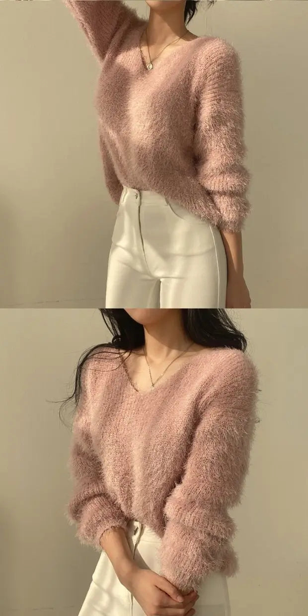 Women's Soft Cozy V-Ne Sweater Autumn Winter Faion Sweet Loose Fit Knitted Top Pink Color Trendy Ladies Sle Long Sve