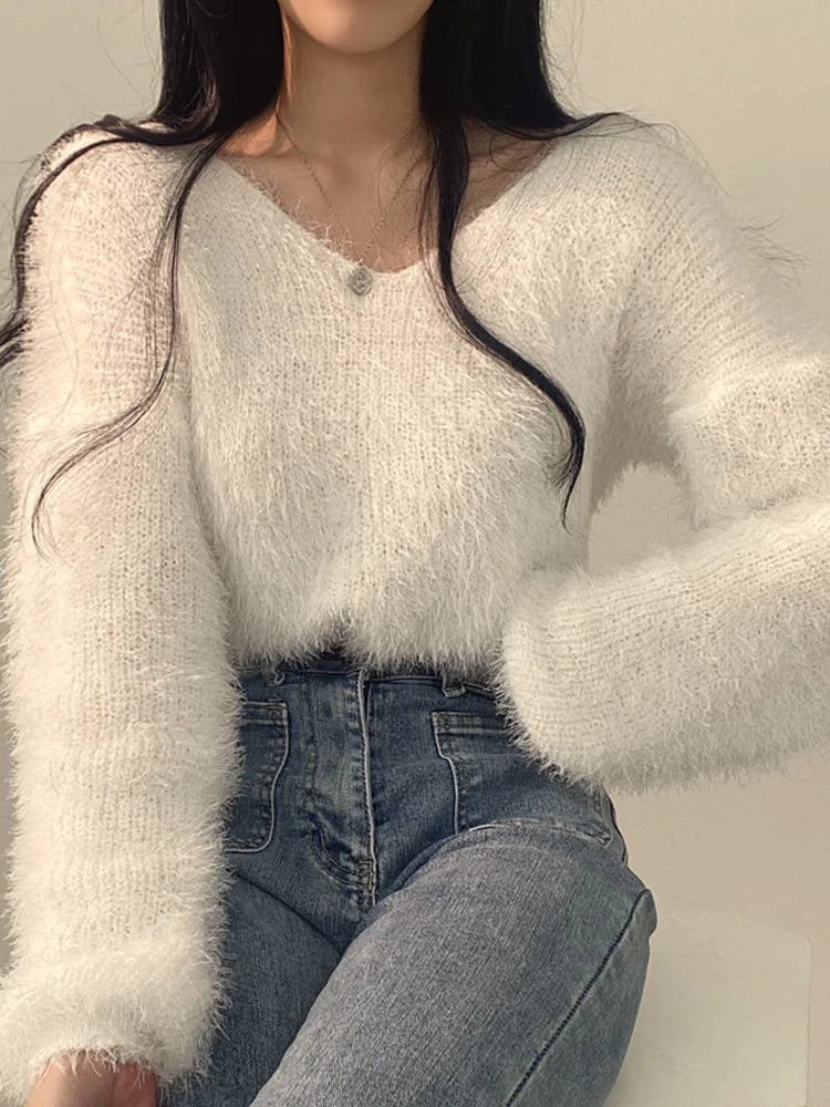 Women's Soft Cozy V-Ne Sweater Autumn Winter Faion Sweet Loose Fit Knitted Top Pink Color Trendy Ladies Sle Long Sve