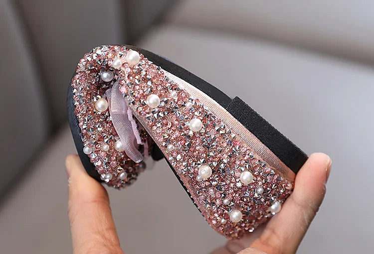 Girls Princess Shoes Glitter Luxury Party Shallow Children Ballet Flats 21-36 Elastic Band Fashion Lace Bowknot Kids Dance Shoes