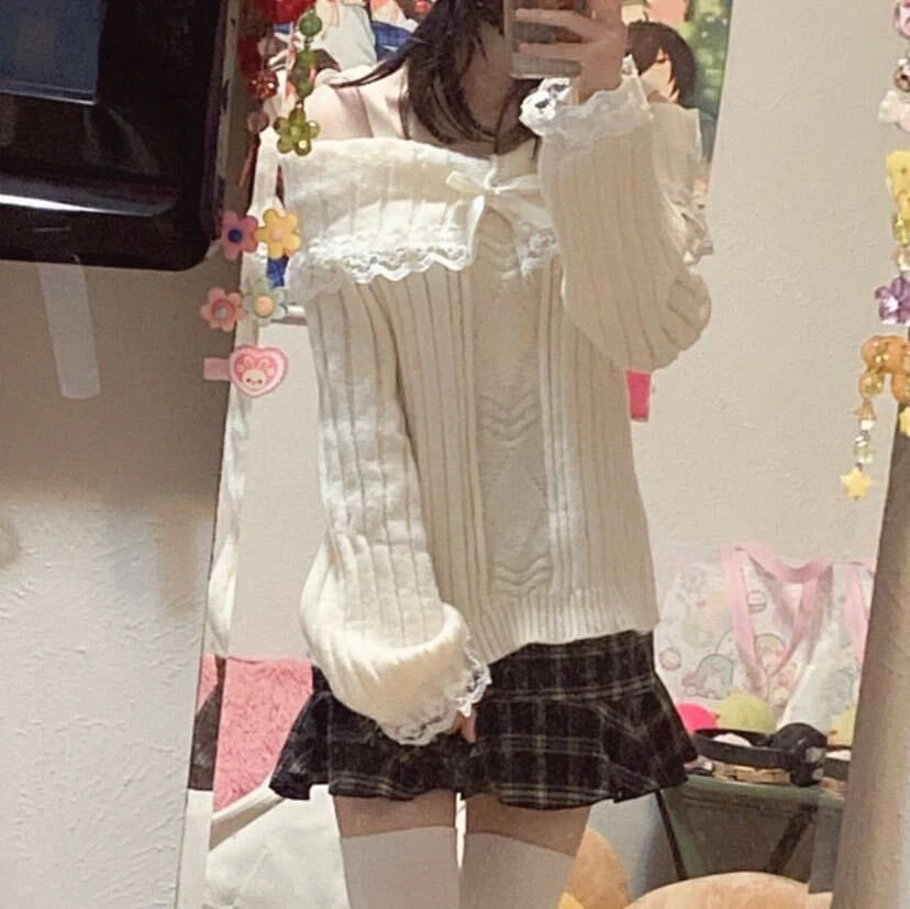 Grunge Women Off Shoulder Knit Sweater Pink Pullover Sweet Pullovers  Long Sleeve Bow Lace Patchwork Jumpers Y2k Streetwear