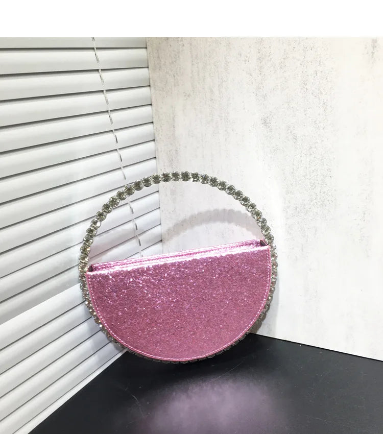 Lady Blue/Pink Diamond Circular Evening Bag Women Fushia Round Handle Rhinestone Dinner Clutch Purse Ladies Half Moon Handbags