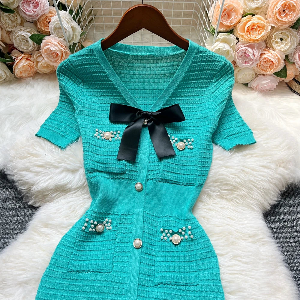 YuooMuoo Chic Fashion Sexy Wrap Hip Knitted Summer Dress Women Bow V-neck Short Sleeve Elegant Office Lady Bodycon Sweater Dress