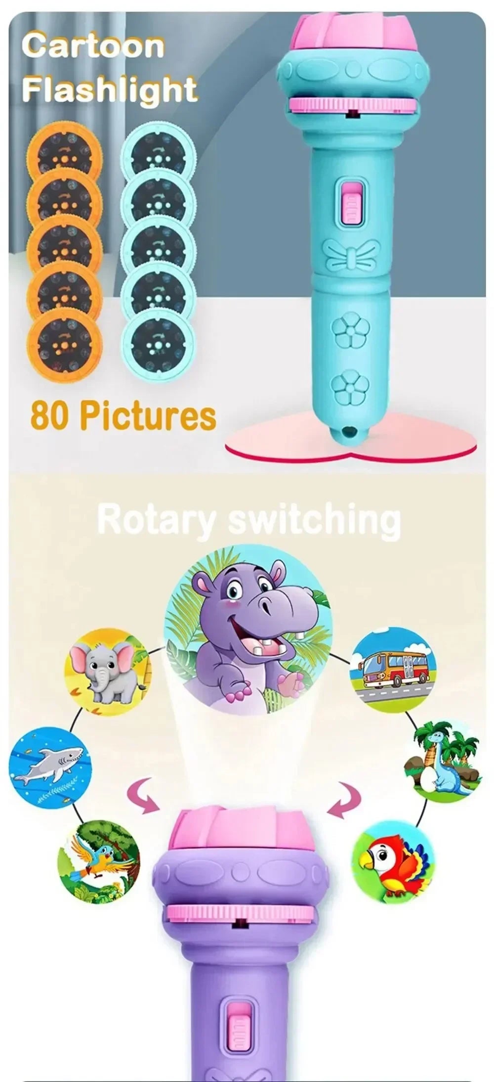 Kids Projector Flashlight with 10 Cards 80 Images Cartoon Night Light Projector Toy for Kids Bedtime Story Education Gift