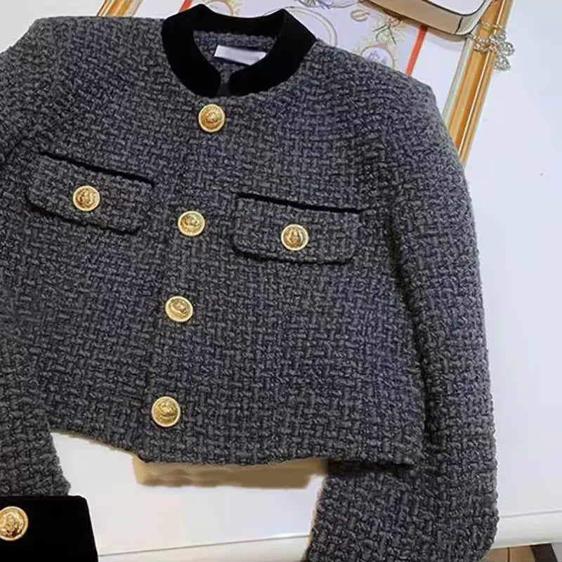 Fashion Stitching Tweed Short Jacket Women Autumn Winter Elegant Office Lady Coat Y2K Korean O Neck Single Breasted Crop Outwear