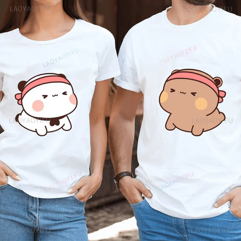 Cute Weight Lifting Fitness Graphic T-shirt Dudu and Bubu Do Yoga Printing Tees Humor Style Lovers' Clothes Valentine's Day Gift