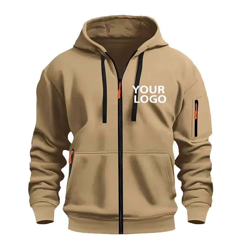 DIY Custom Logo Men's Casual Sports Hoodie Full-Zip Pocket Sweatshirt Fashion Arm Pocket Outdoor Long-Sleeve Pullover Hoodie