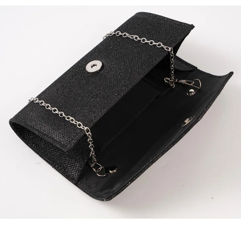 Women Envelope Evening Bag Glitter Ladies Chain Shoulder Bags Shiny Silver Long Purse Female Wedding Party Clutches Mini Handbag