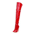 Women Sexy Cross Tied Thigh High Boots Pointed Toe Thin High Heels Over The Knee Boots Patent Leather Shoes Woman 33-46