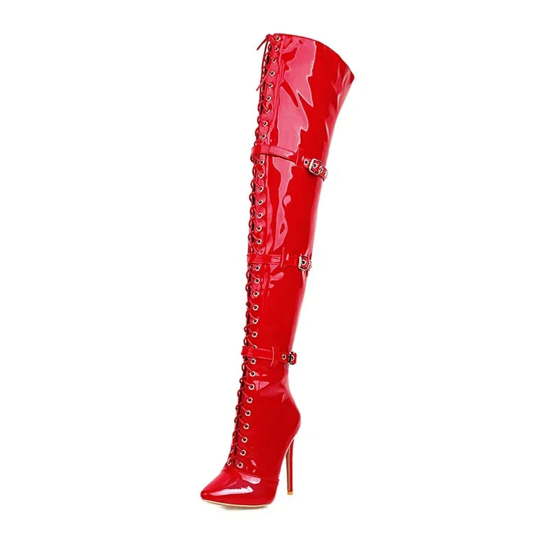 Women Sexy Cross Tied Thigh High Boots Pointed Toe Thin High Heels Over The Knee Boots Patent Leather Shoes Woman 33-46