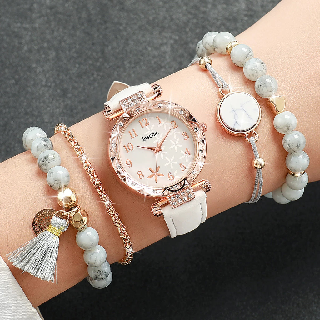 5PCS/Set Women's Watch Fashion Flowers Dial Leather Band Quartz Watches Beads Bracelet Set（Without Box）
